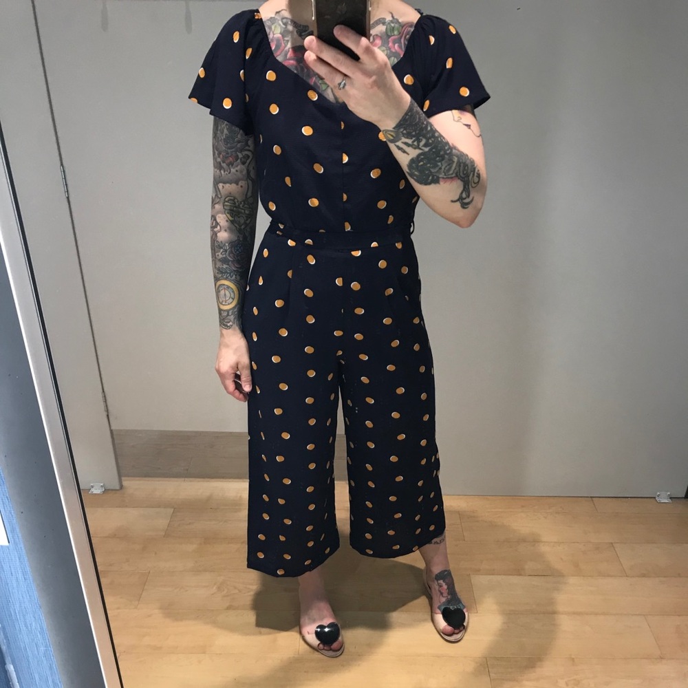 Monteau wide leg flutter sleeve polka dot romper